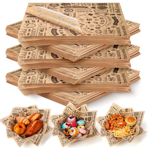 400 Pcs Deli Wax Paper Sheets 15 x 15 Inch Large Newsprint Sandwich Paper Wraps Greaseproof Food Basket Liners Newspaper Wrapping Square for Halloween Christmas Burger Bread BBQ Picnic (Brown Black)
