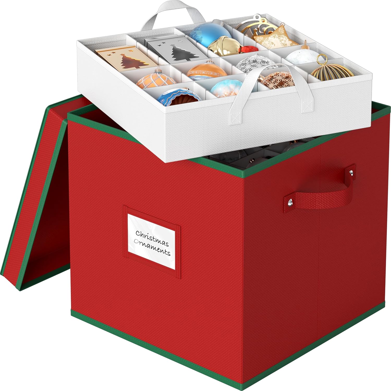 Simple Houseware Heavy-Duty Christmas Ornament Storage Box - Adjustable Dividers, Holds 64 Ornaments, Red