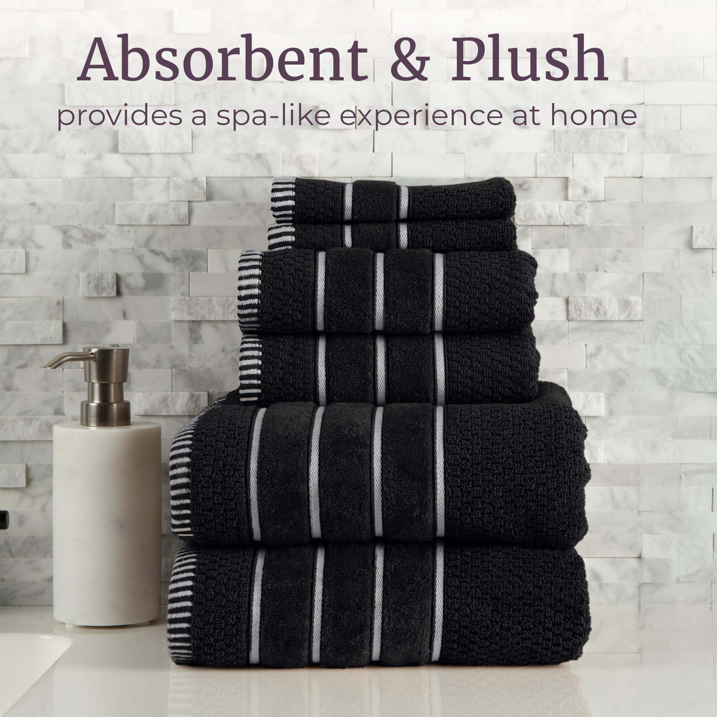 Luxury Cotton Towel Set - Rice Weave 100% Egyptian Cotton 6 Piece Set with 2 Bath Towels, 2 Hand Towels and 2 Washcloths - Black