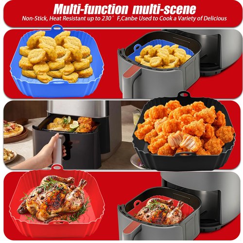 3 Pack Square Air Fryer Liners,7 Inch Silicone Airfryer Liners, Air Fryer Liners for 3 to 6 QT Oven Microwave Accessories,Reusable Baking Tray Oven Accessories(Black&Red&Blue)
