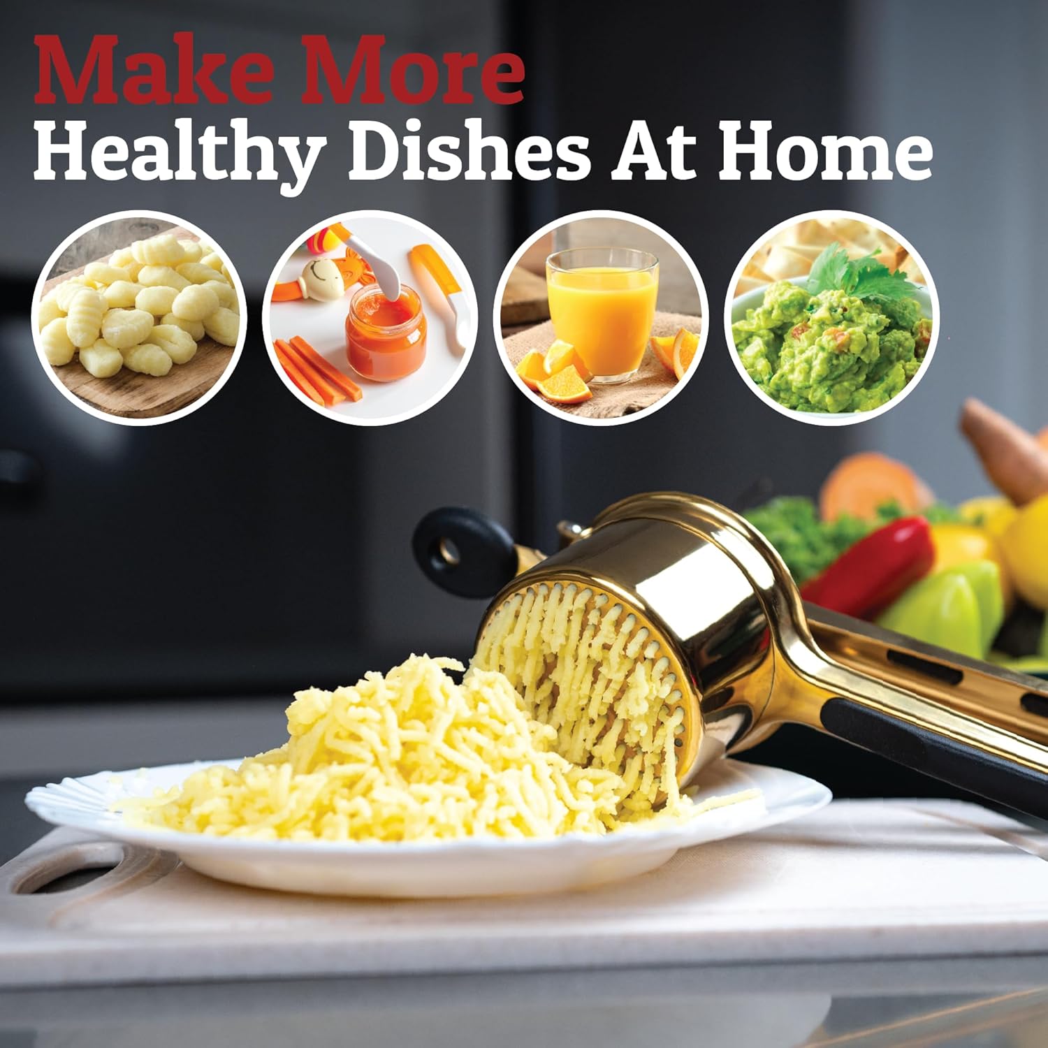 PriorityChef 15oz Potato Ricer - Heavy Duty Stainless Steel Masher With 3 Discs | Gold & Black Silicone