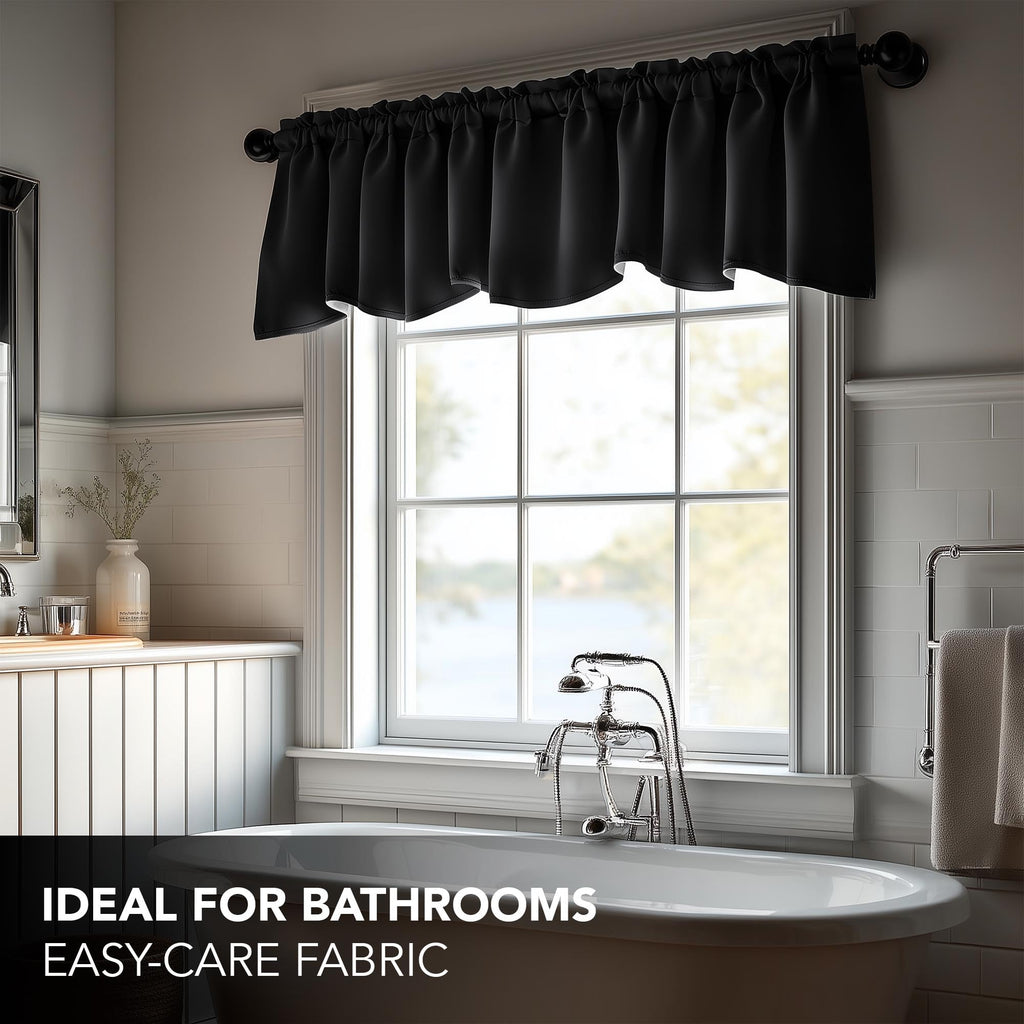 Deconovo Black Valances for Windows, Scalloped Valance for Kitchen Living Room Bedroom Bathroom, Short Curtain, Black Out Small Drape, Rod Pocket, Machine Washable, 52x18 Inch, 1 Panel