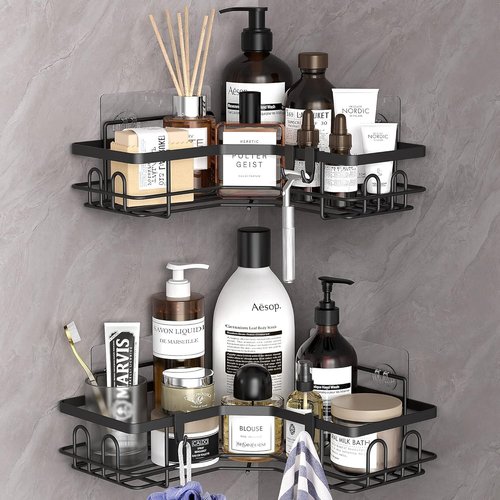 HuggieGems Corner Shower Caddy Organizer - 2 Pack Black Bathroom Shelves with Hooks for Storage