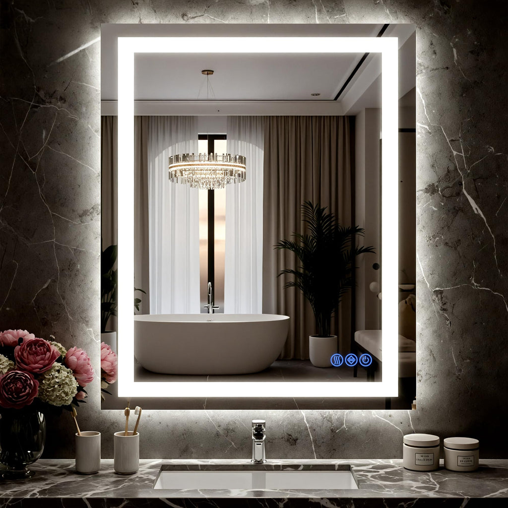Bimno LED Bathroom Mirror with Lights 24"x32", Wall-Mounted Vanity Mirrors Front & Backlit Light Control Stepless Dimmable Anti-Fog Memory 3 Color Temperatures Shatter-Proof Tempered Glass