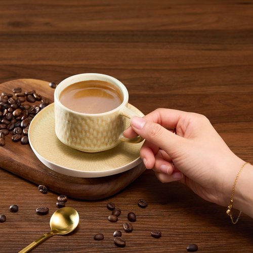 KooK Espresso Mug and Saucer Set - Rustic Ceramic Cups with Feathered Texture | Dishwasher Safe, Set of 4 (5.5 Oz)