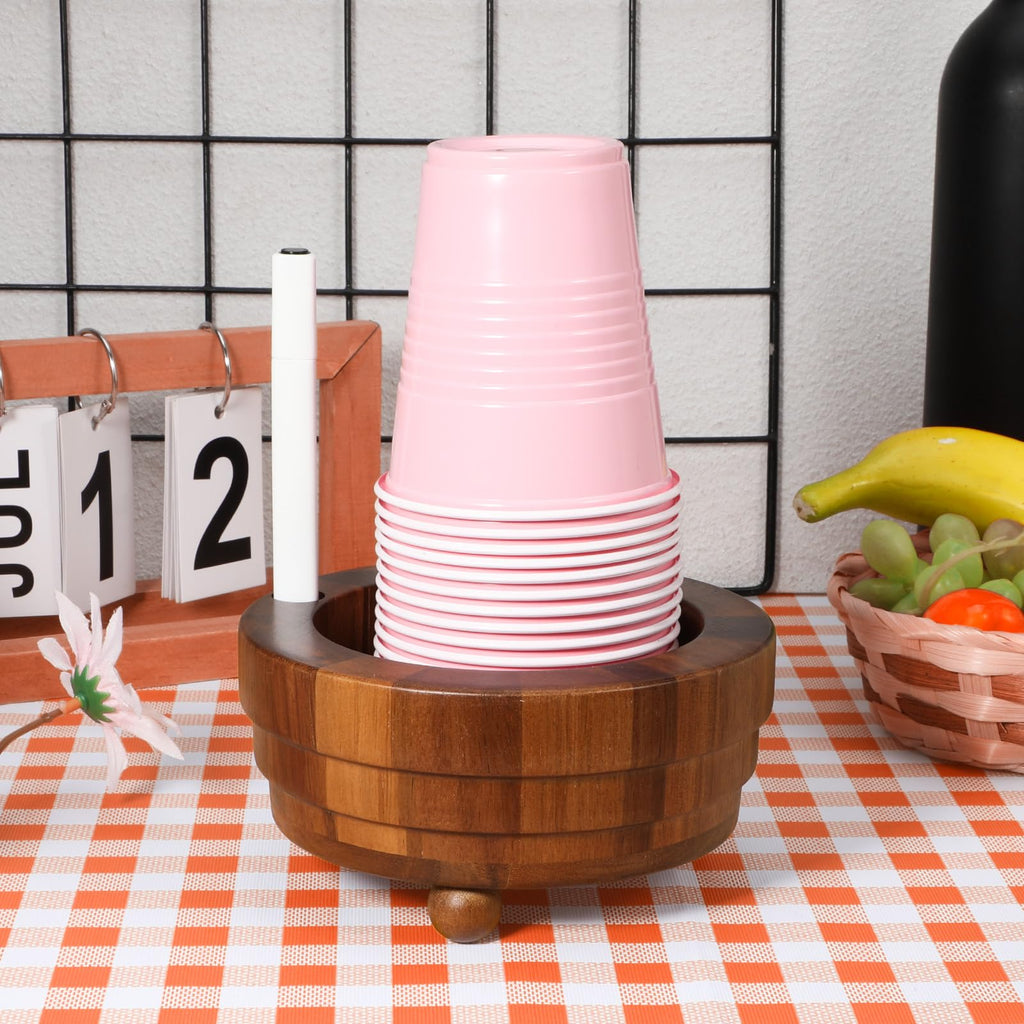 Ptwola Acacia Wood Cup Holder with Marker Slot, Disposable Paper Cup Dispenser Rustic Drink Mug Organizer Storage Box for Wedding Birthday Party Bar Kitchen Picnic Housewarming Decoration (No Pen)