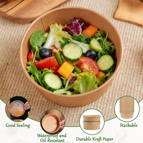 Retainbre 50 Pack 25 Oz Paper Bowls Disposable Soup Bowls with Lids and Forks To Go Salad Containers for Hot Cold Food Meal Prep Party Serving