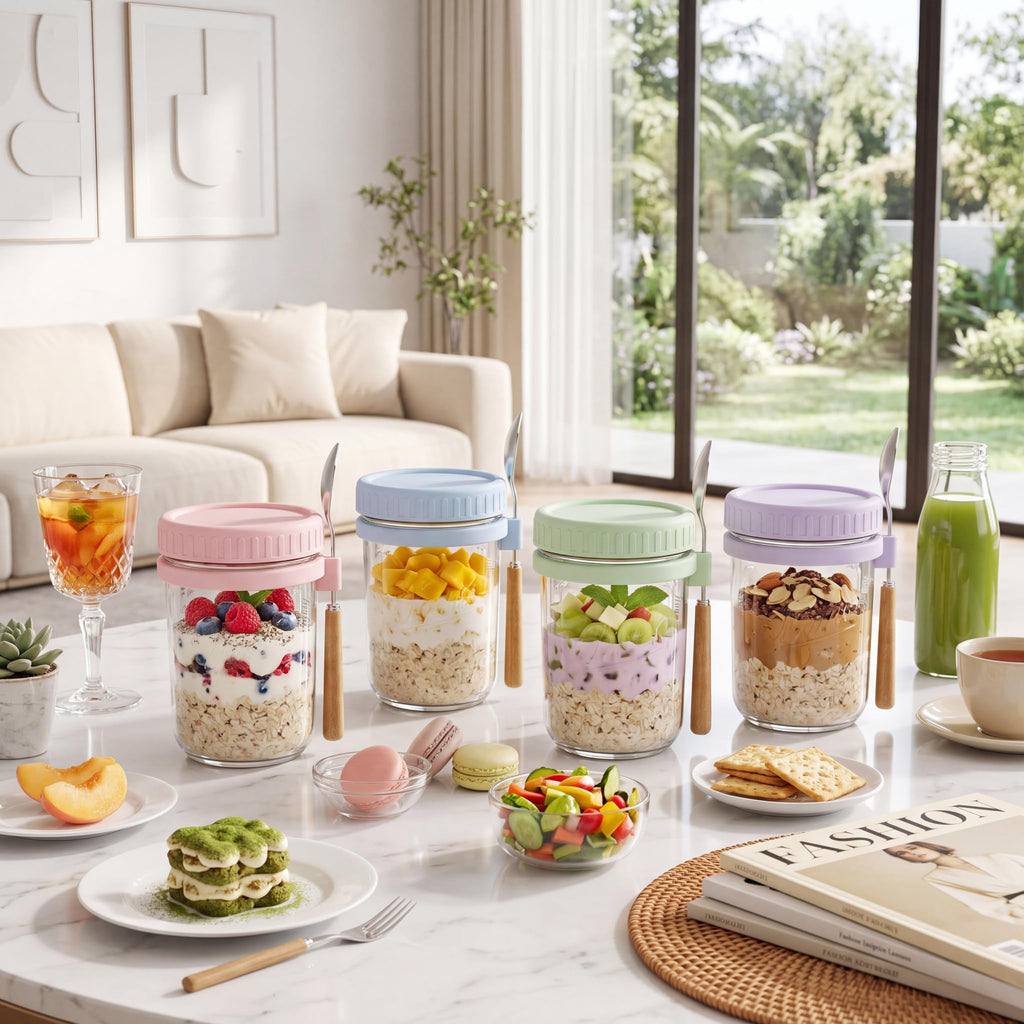 HomArtist 16oz Overnight Oats Containers with Lids and Spoons, 4 Pack Wide Mouth Mason Jars with Airtight Lids, Overnight Oats Jars for Salad, Chia Seed, Cereal, Yogurt