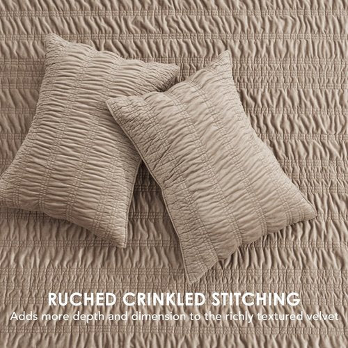 Evergrace King Size Quilt Set - Luxury Ultra Soft Ruched Bedding with 2 Shams | Lightweight Vintage Textured Coverlet in Khaki Tan