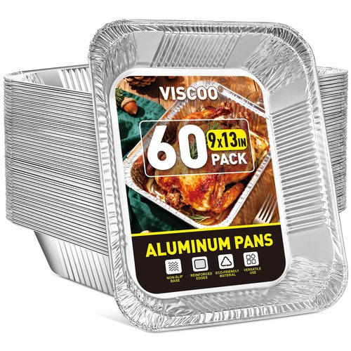 VISCOO 60 Pack Aluminum Pans - 9x13 Inch Disposable Foil Pans Baking Aluminum Trays, Food Grade Heavy Duty Tin Foil Pans for Baking, Roasting, Cooking, Meal Prep and Freezer, Steam Tables