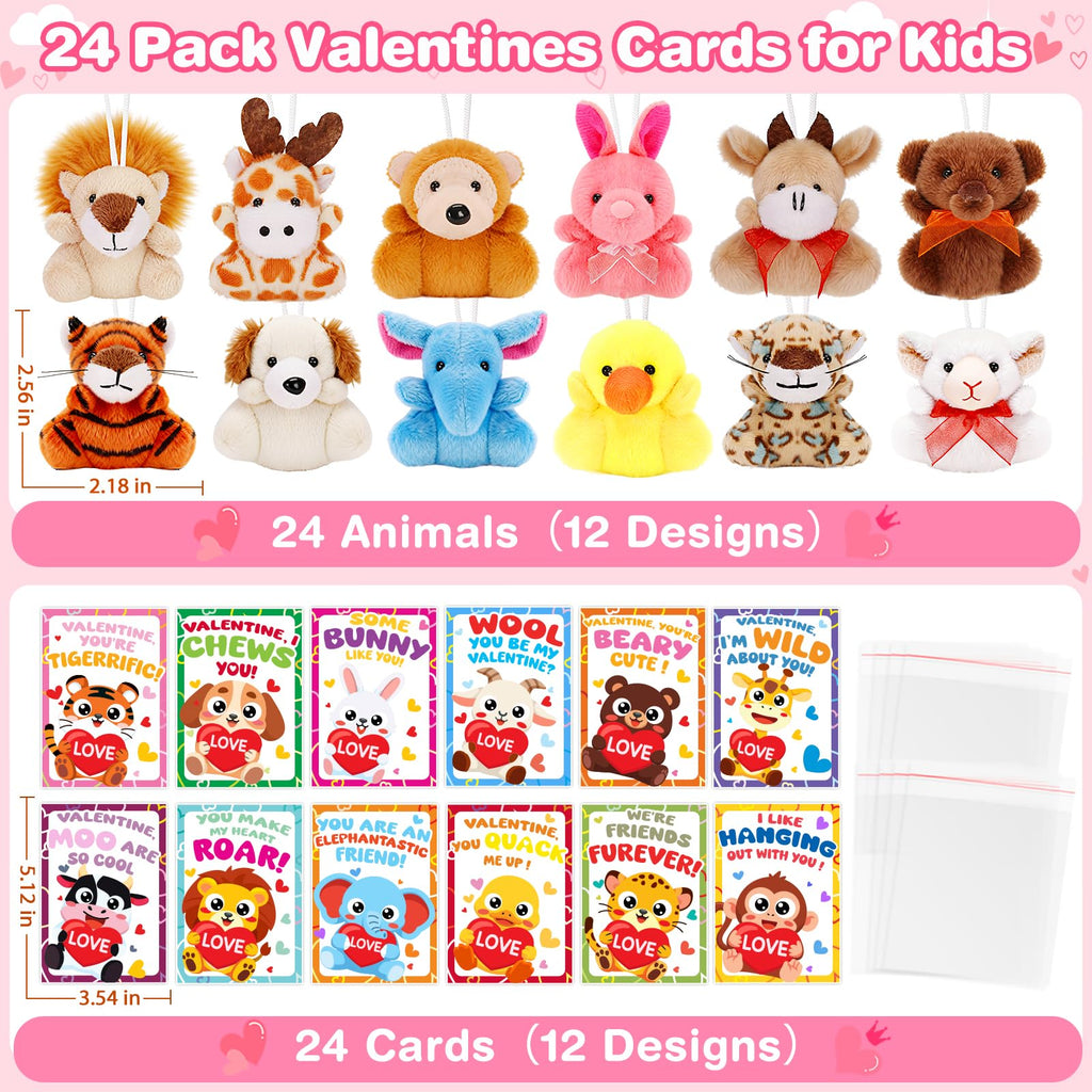 Valentines Day Gifts for Kids Classroom, 24 Pack Valentines Day Cards with Animal Plush Toy, Stuffered Animal Toys for Valentines Gifts Exchange, Kids Valentines Party Favors Supply For Boys Girls