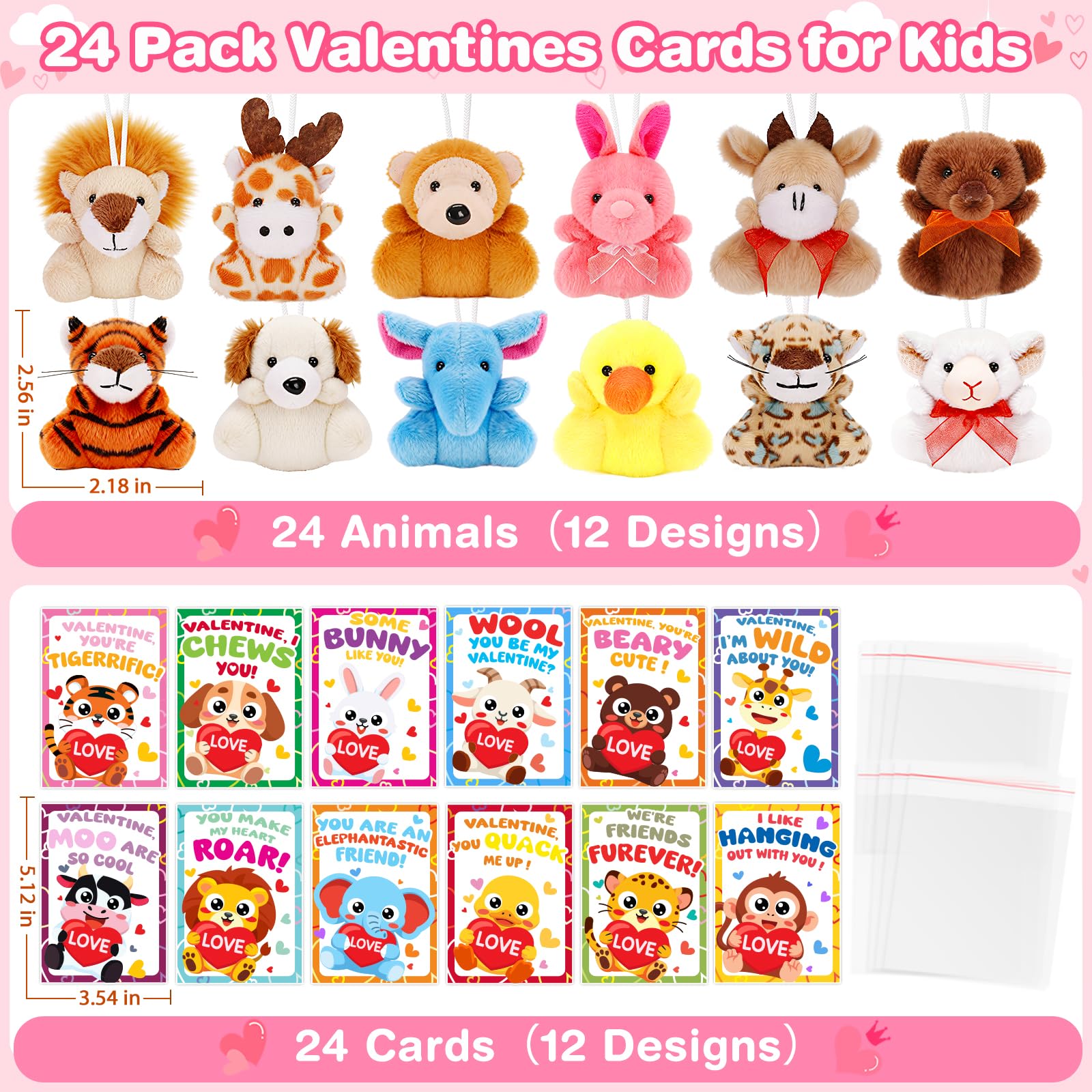 Valentines Day Gifts for Kids Classroom, 24 Pack Valentines Day Cards with Animal Plush Toy, Stuffered Animal Toys for Valentines Gifts Exchange, Kids Valentines Party Favors Supply For Boys Girls