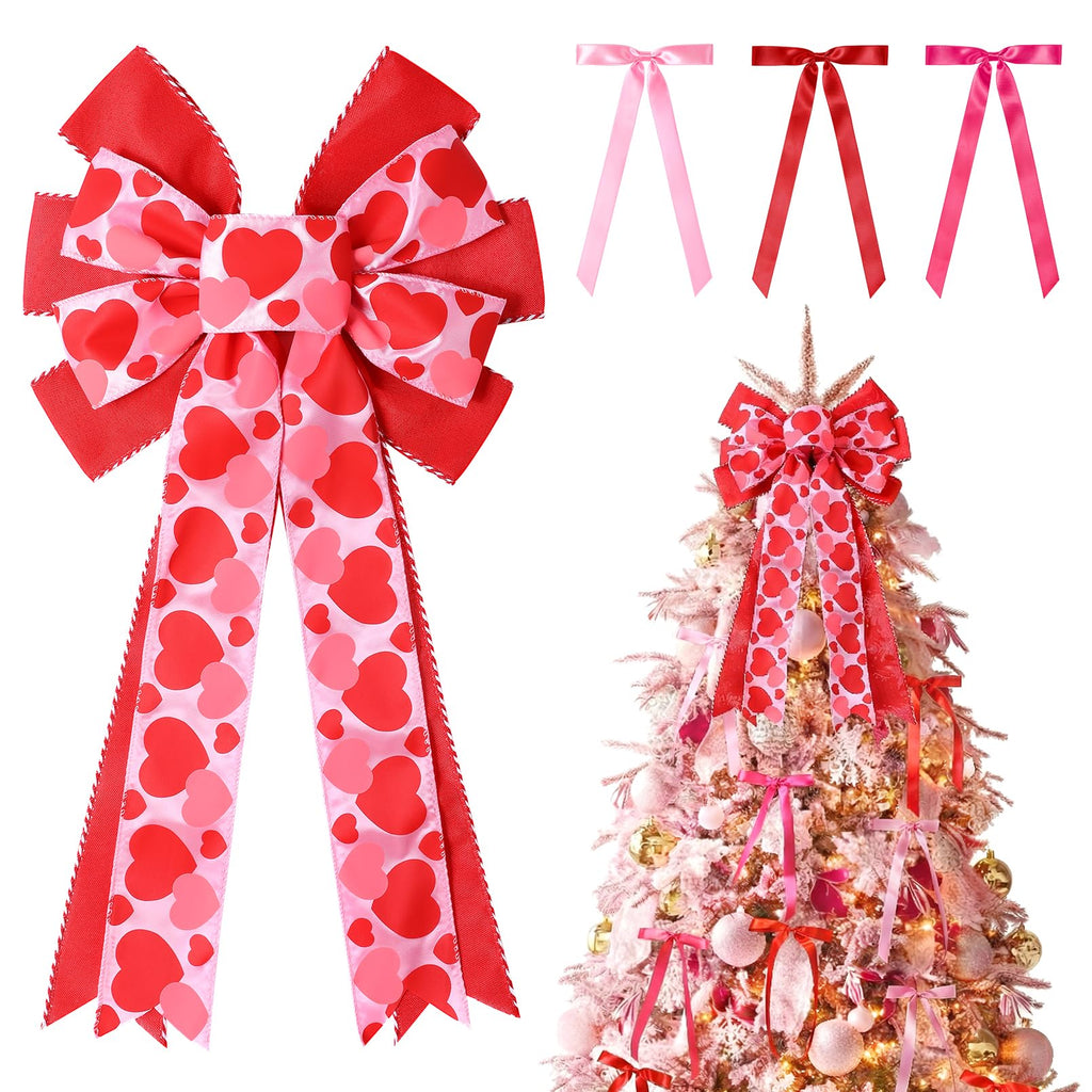CEELGON Valentines Day Decorations Large Pink and Red Valentine Tree Topper Bow & 12 Pcs Long Satin Ribbon Bows Ornaments Wreath for Holiday Home Wall Decor