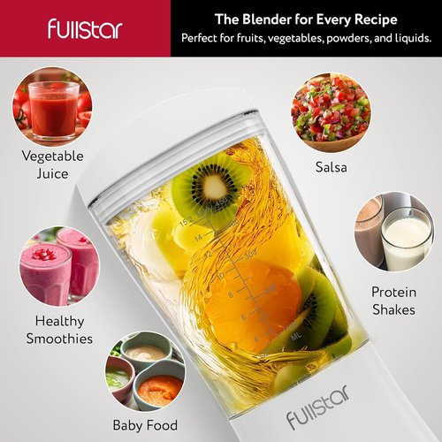 Fullstar Portable Blender - 15 oz Mini Personal Travel Blender for Smoothies & Shakes | Compact Design (White)