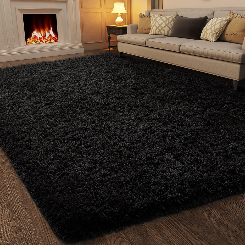 Ophanie 7x10 Black Area Rug - Soft Shaggy Carpet for Living Room & Nursery Decor