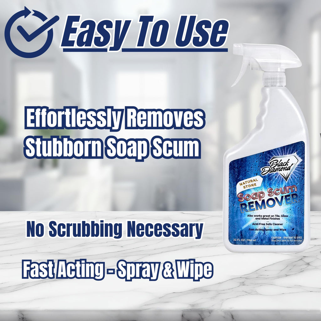 Black Diamond Stoneworks Natural Stone Shower Soap Scum Remover Spray. For Cleaning Bathtubs, Glass Doors, Tubs, Travertine, Marble, Tile. Heavy Duty, Safe Acid-Free Cleaner. Safe for fixtures.