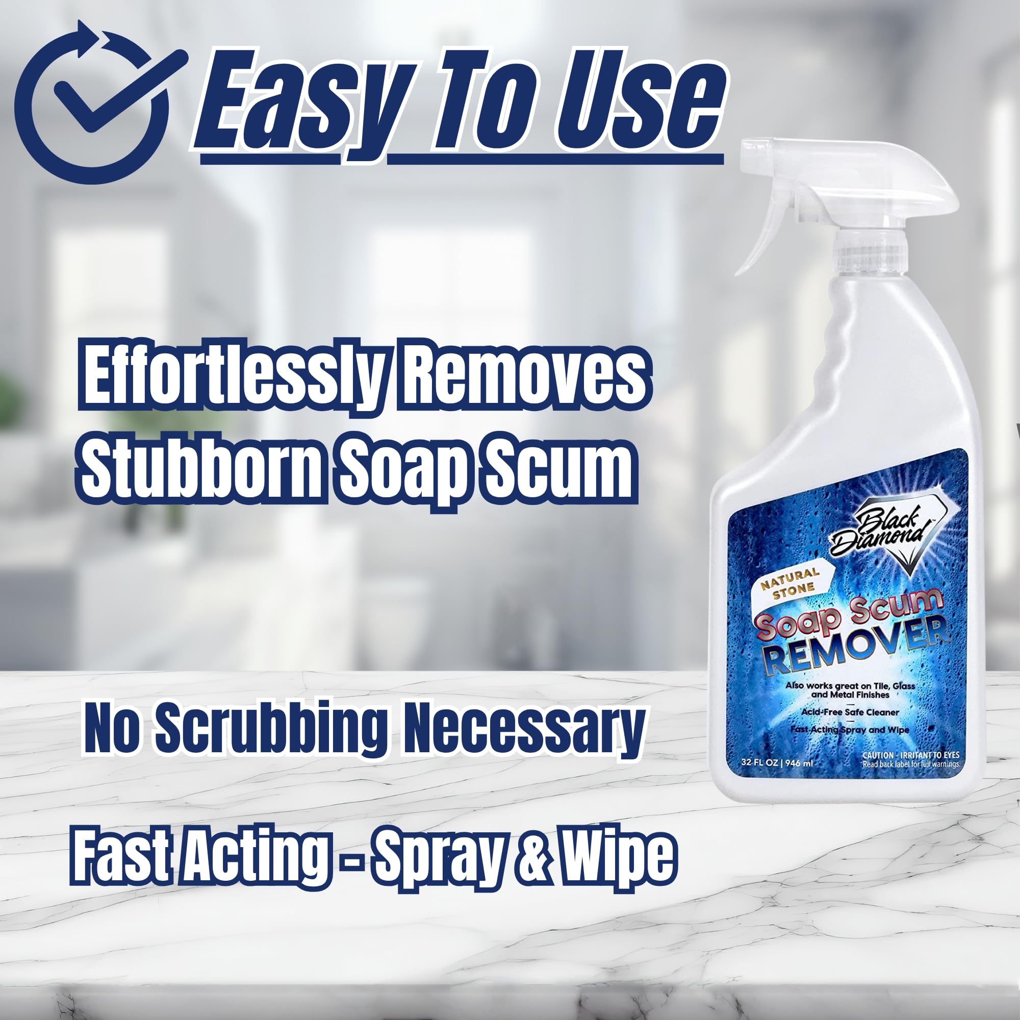 Black Diamond Stoneworks Natural Stone Shower Soap Scum Remover Spray. For Cleaning Bathtubs, Glass Doors, Tubs, Travertine, Marble, Tile. Heavy Duty, Safe Acid-Free Cleaner. Safe for fixtures.