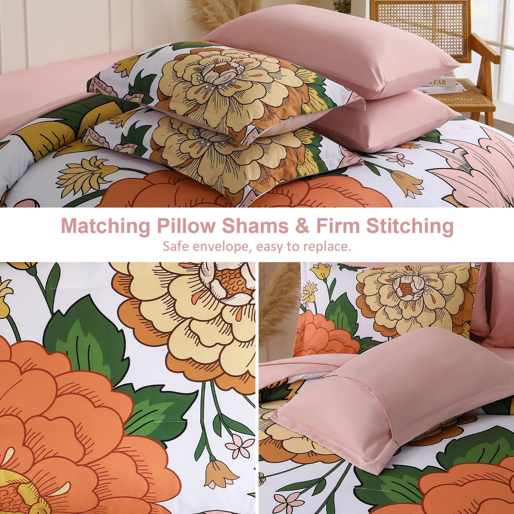Djoymock Floral Comforter Set, Pink Orange Bedding Set Queen Size 7 Piece Boho Chic Flower Bed in a Bag Revesible Microfiber Winter Down Alternative Bed Set with Pillowcases & Shams,Sheets