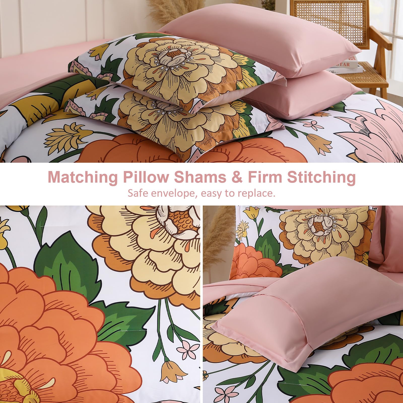 Djoymock Floral Comforter Set, Pink Orange Bedding Set Queen Size 7 Piece Boho Chic Flower Bed in a Bag Revesible Microfiber Winter Down Alternative Bed Set with Pillowcases & Shams,Sheets
