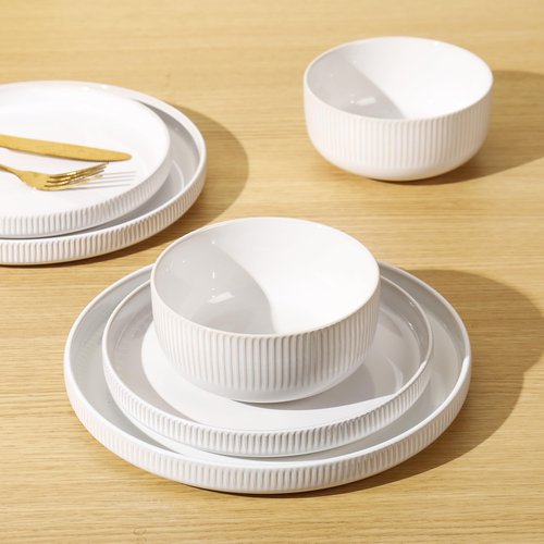 Frewinky Ceramic Dinnerware Sets for 4, Round Reactive Glaze Porcelain Plates and Bowls Sets, Scratch Resistant Modern Dishes Set, Dishwasher & Microwave Safe, Service for 4-White