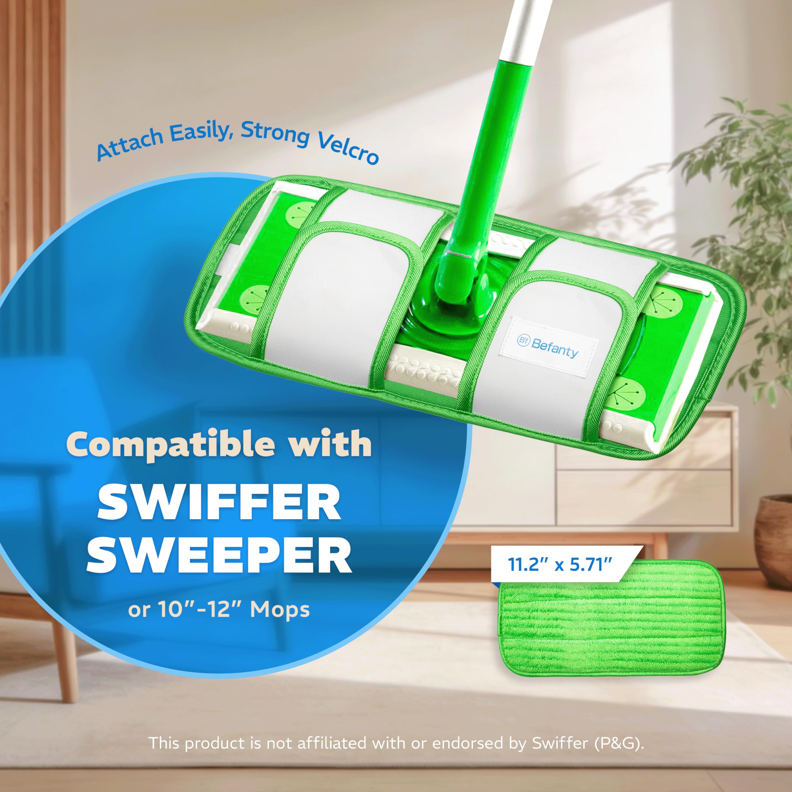 Befanty 4 Pack Reusable Microfiber Mop Pads, Compatible with Swiffer Sweeper, Machine Washable Cloths, Scraper Included, Refills for All Floor Cleaning, Hook and Loop, Wet Dry - 10"- 12"