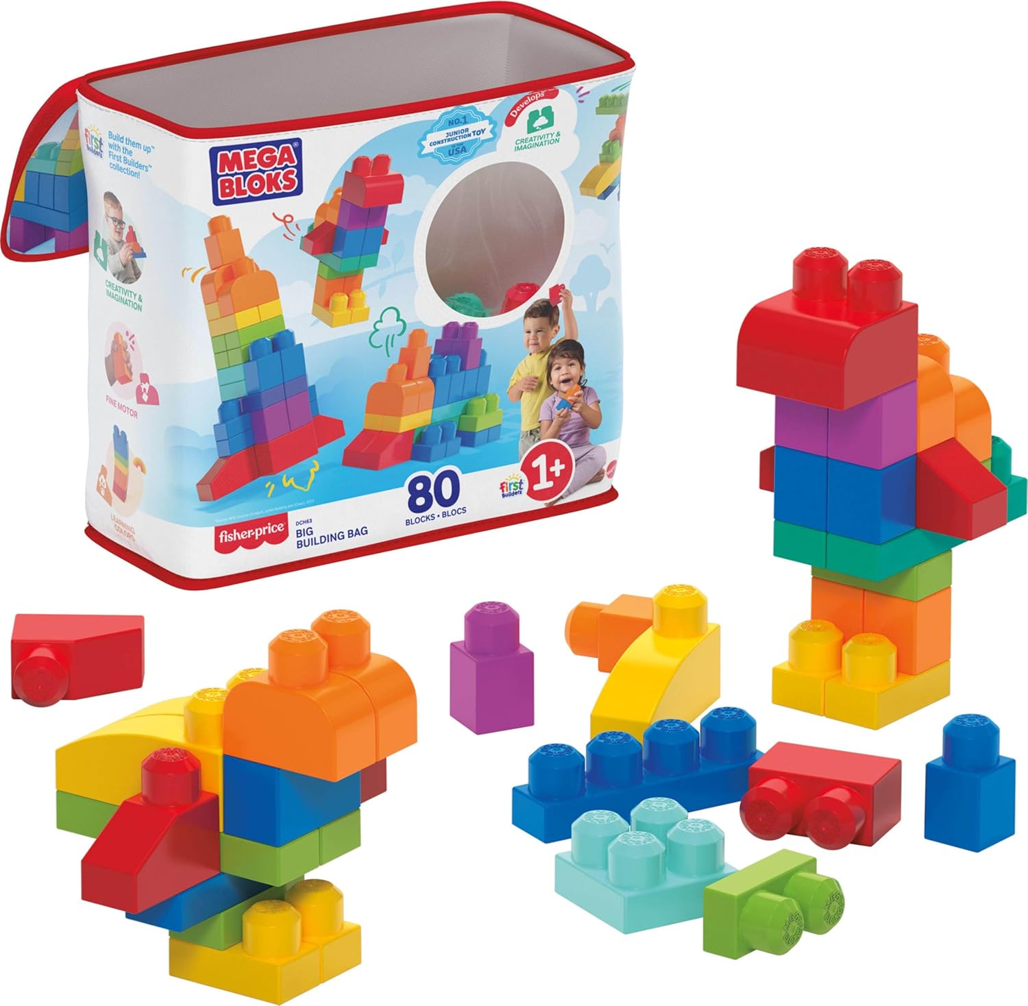 MEGA BLOKS First Builders Toddler Blocks Set - 80-Piece Building Bag with Storage | Blue, Ages 1+