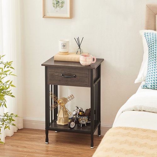 VECELO Nightstands, Industrial Side/End Tables with Drawer and Storage Shelf, Night Stands for Bedroom, Living Room, Wood Metal Furniture, Easy Assembly, 1 Pack, Grey