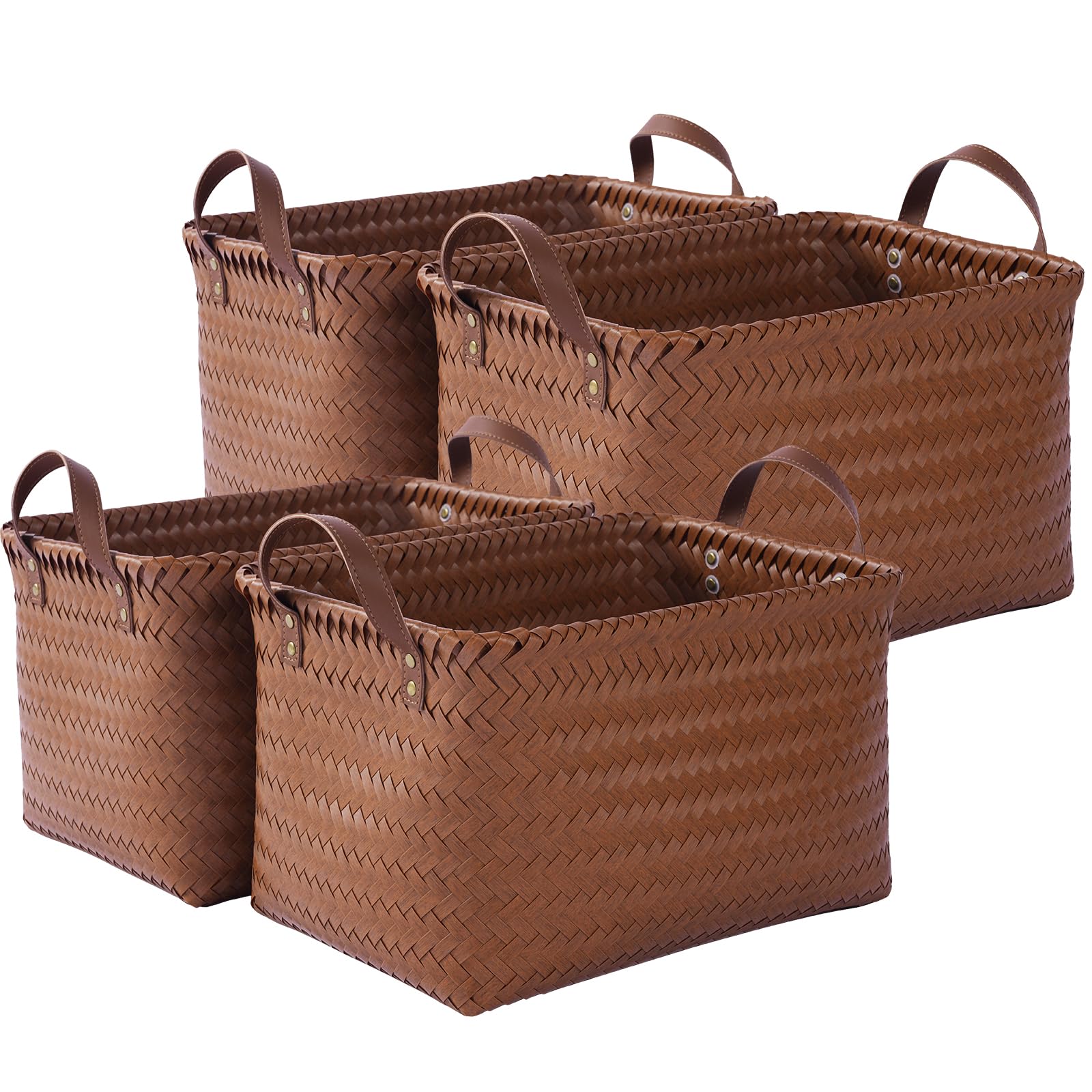 VZFXRD 15x10x9 Woven Laundry Basket Hamper, Storage Basket for Clothes Blankets, 4-Pack Wicker Bin for Closet Shelves Bedroom Bathroom, Brown