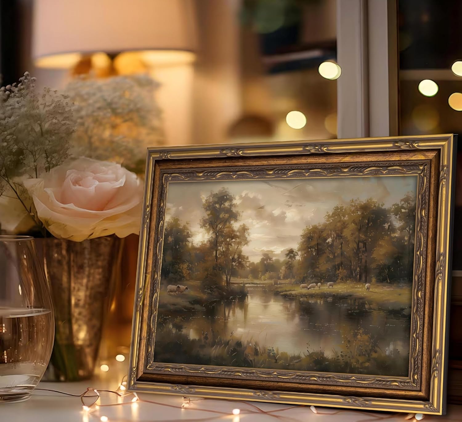 Vintage Gold Framed Landscape Wall Art - River Painting Canvas Print for Living Room & Bedroom Decor