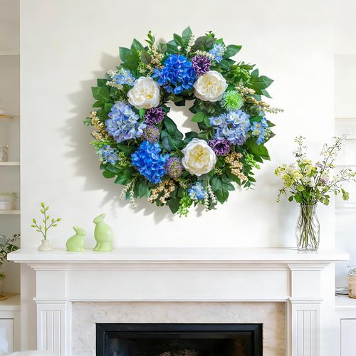 Pinkpuii 26 Inch Spring Wreaths for Front Door Outside– Large Artificial Summer Wreath with Blue Hydrangea, White Peony Flowers and Eucalyptus Leaves– Indoor Outdoor Porch Farmhouse Home Wall Décor