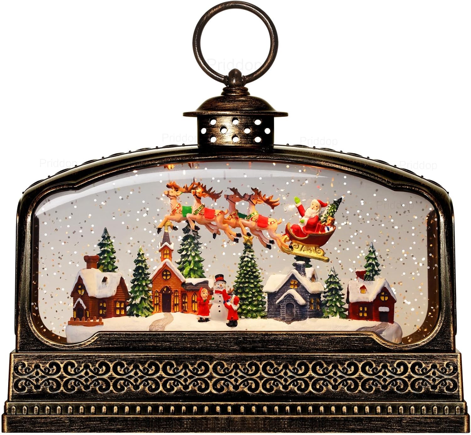 Priddop Christmas Snow Globe - Santa Claus & Snowman Village Scene | USB/Battery Timer & Music