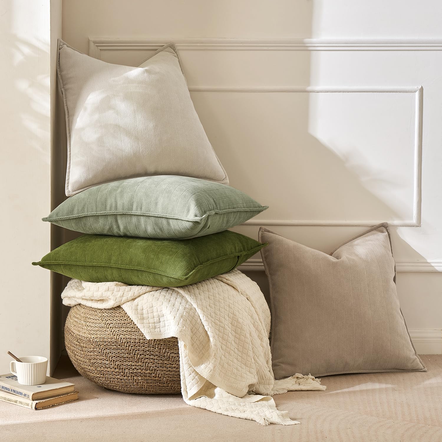 MIULEE Pack of 2 Cream Beige Decorative Pillow Covers 20x20 Inch Soft Chenille Luxurious Couch Throw Pillows Farmhouse Cushion Covers with Elegant Design for Sofa Bedroom Living Room Summer Decor
