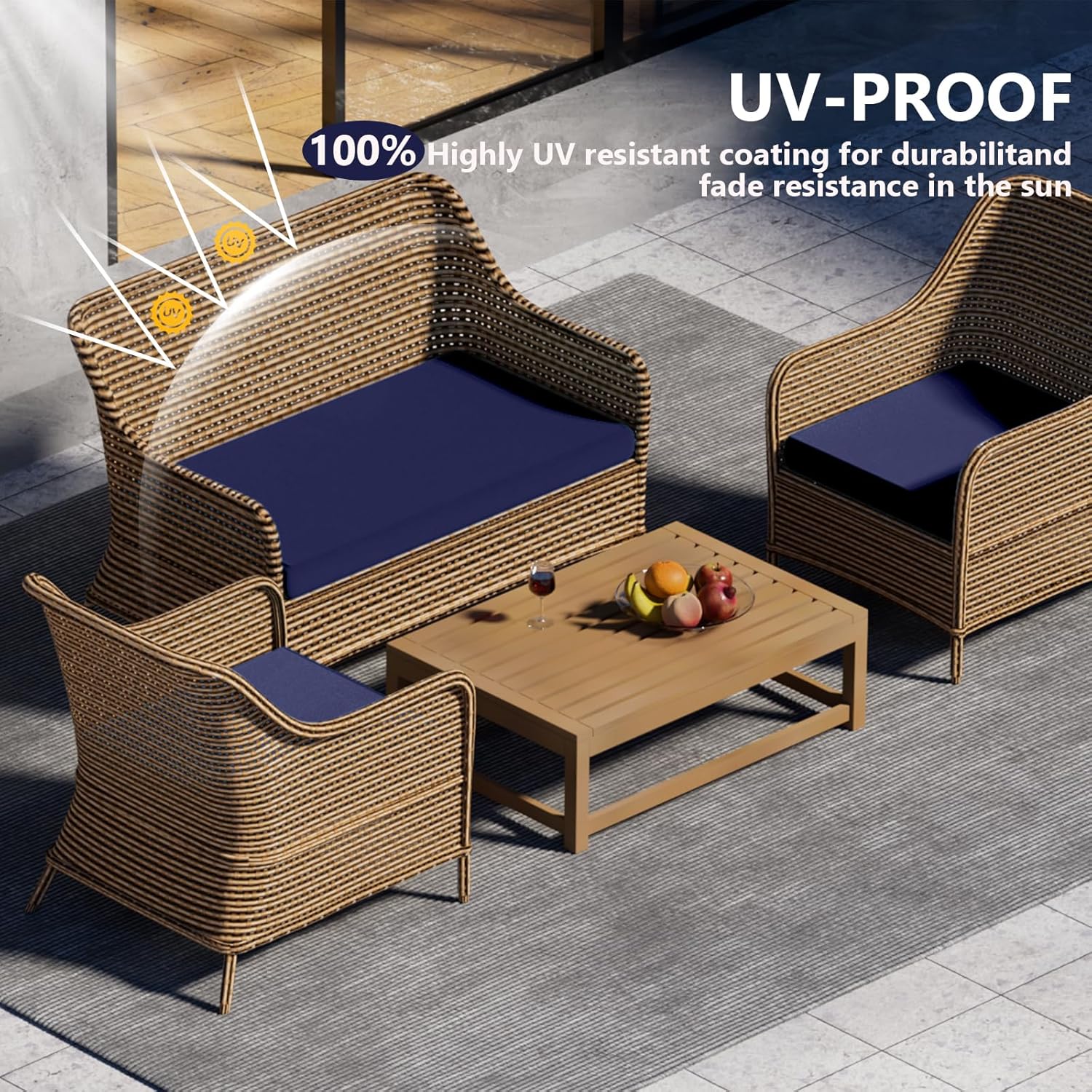 Outdoor Patio Seat Cushions by [Brand Name] - Weather & Fade Resistant 3-Pack for 4-Seater Rattan Sofa