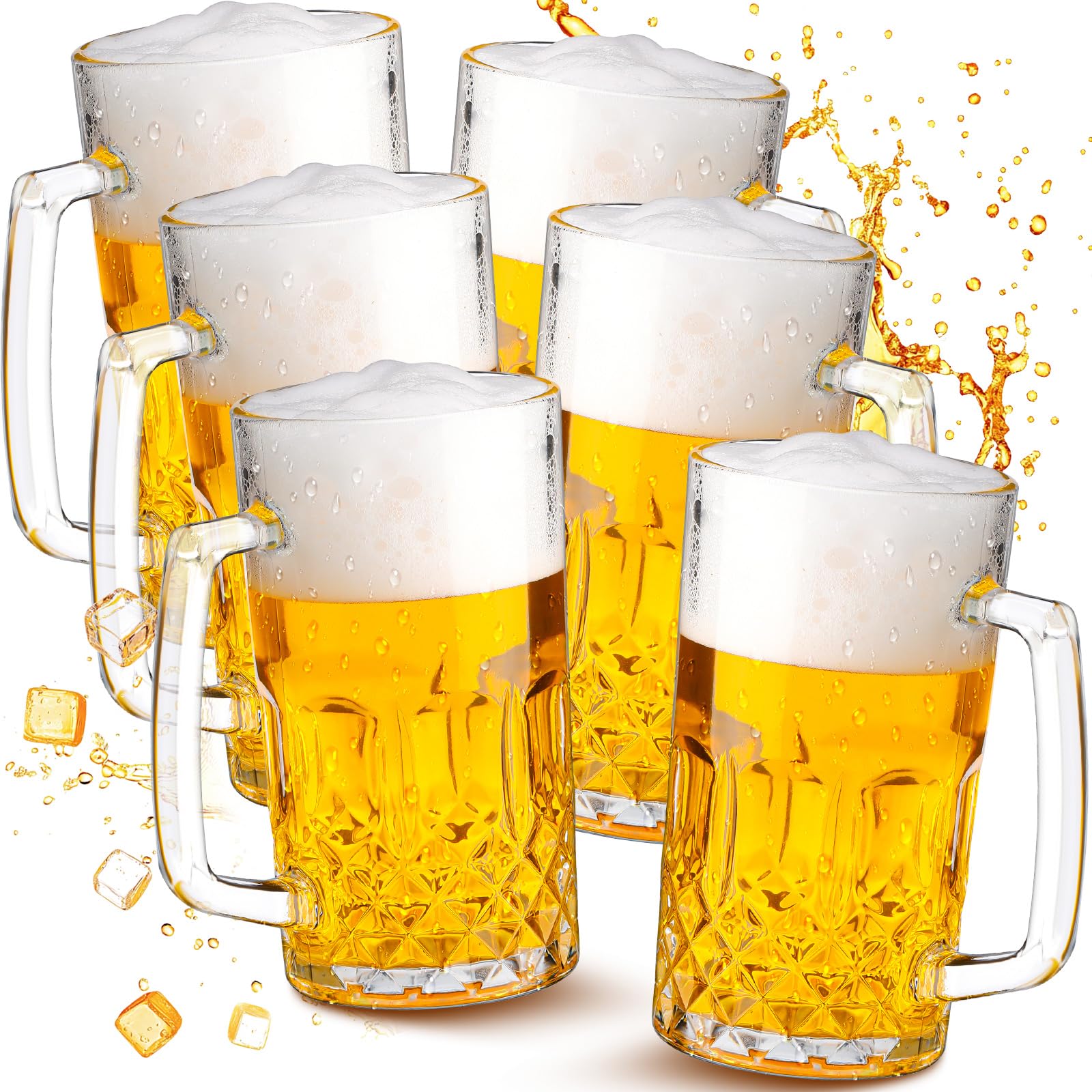 Reallnaive 6 Pack 32 oz Beer Mugs with Handle Large Heavy Glass Beer Mug for Oktoberfest Freezer Glass Steins German Cups Gift for Men Father Boyfriend Brother Dad