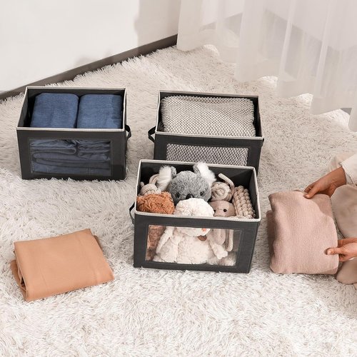 Homsorout Stackable Storage Bins - Medium Foldable Closet Organizers with Lids, 5-Pack, Dark Grey