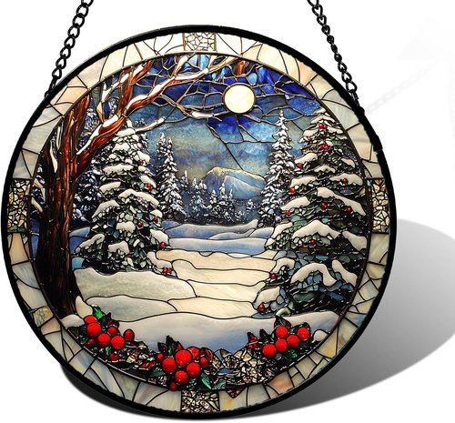 DASTOLL Stained Glass Window Hanging - Winter Snow Night Scenery Suncatcher | 9.8" Home Decor Gift