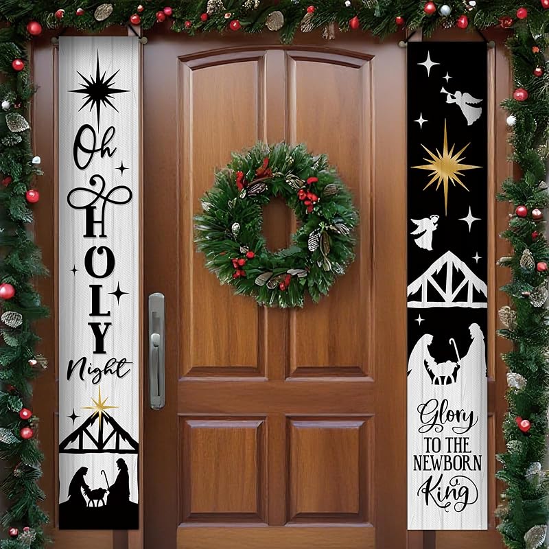 Holy Night Black Christmas Nativity Porch Banner Sign - 72 x 12 in, Water-Resistant Front Door Decor