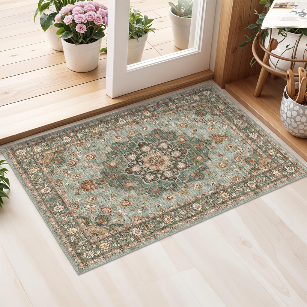 Washable Oriental Area Rug - 2x3 Rugs for Living Room Soft Carpet for Bedroom Waterproof Floral Distressed Indoor Stain Resistant Non-Shedding Floor Carpets (Green, 2x3)