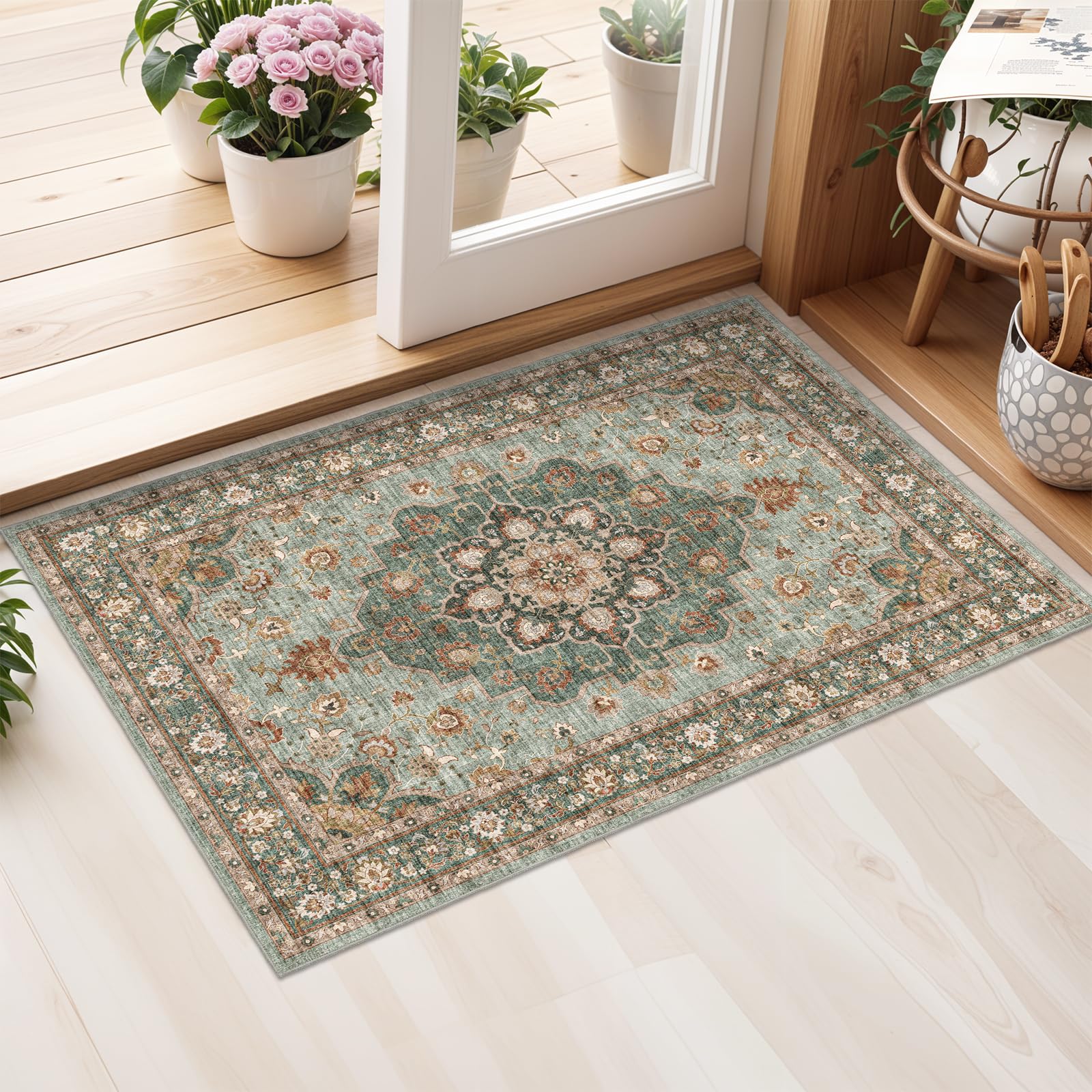 Washable Oriental Area Rug - 2x3 Rugs for Living Room Soft Carpet for Bedroom Waterproof Floral Distressed Indoor Stain Resistant Non-Shedding Floor Carpets (Green, 2x3)
