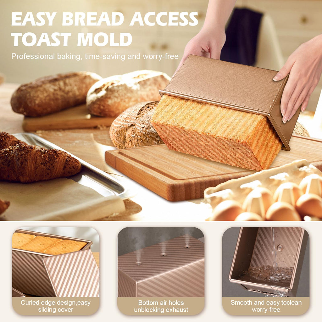 Dipanist 2Pack Large Bread Pan with Lids – 2.2LB Dough Capacity, Non-Stick Carbon Steel Bread Pans for Homemade Sandwich and Sourdough Bread, Corrugated Toast Mold(Gold)