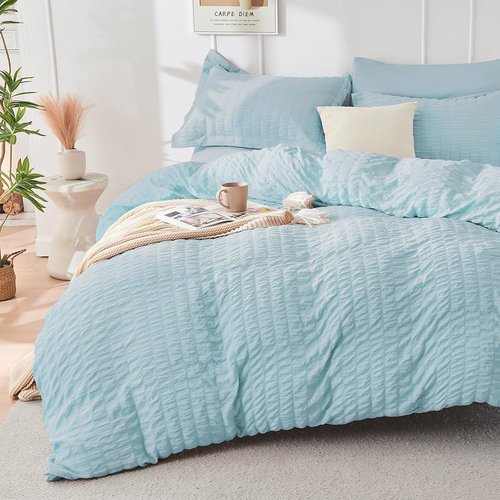 HYMOKEGE King Size Comforter Set - Luxury 7-Piece Bedding Set in Lake Blue | All-Season Seersucker Design