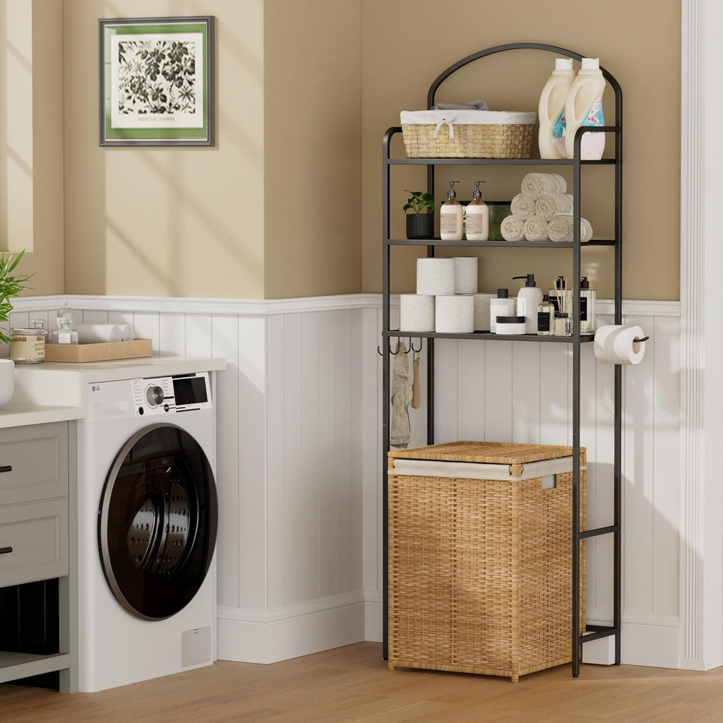 Regine Switzerland Over The Toilet Storage Rack - 3-Tier Bathroom Organizer with Hooks & Paper Holder - Black Metal Shelf