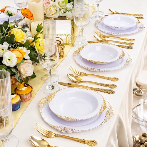 Joyido 100PCS Gold Plastic Bowls - 12 oz White Disposable Salad Bowls - Heavy Duty Soup Serving Bowl - Fancy Plastic Ice Cream Bowl for Parties, Dinners, Catering, Picnics