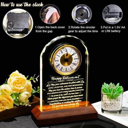 Glass Retirement Clock With Wooden Light Base - Happy Retirement Plaque for Women Men Colleagues Boss Friend - Farewell Gift Idea for Her Going Away - Retired Keepsakes for Teacher Doctor