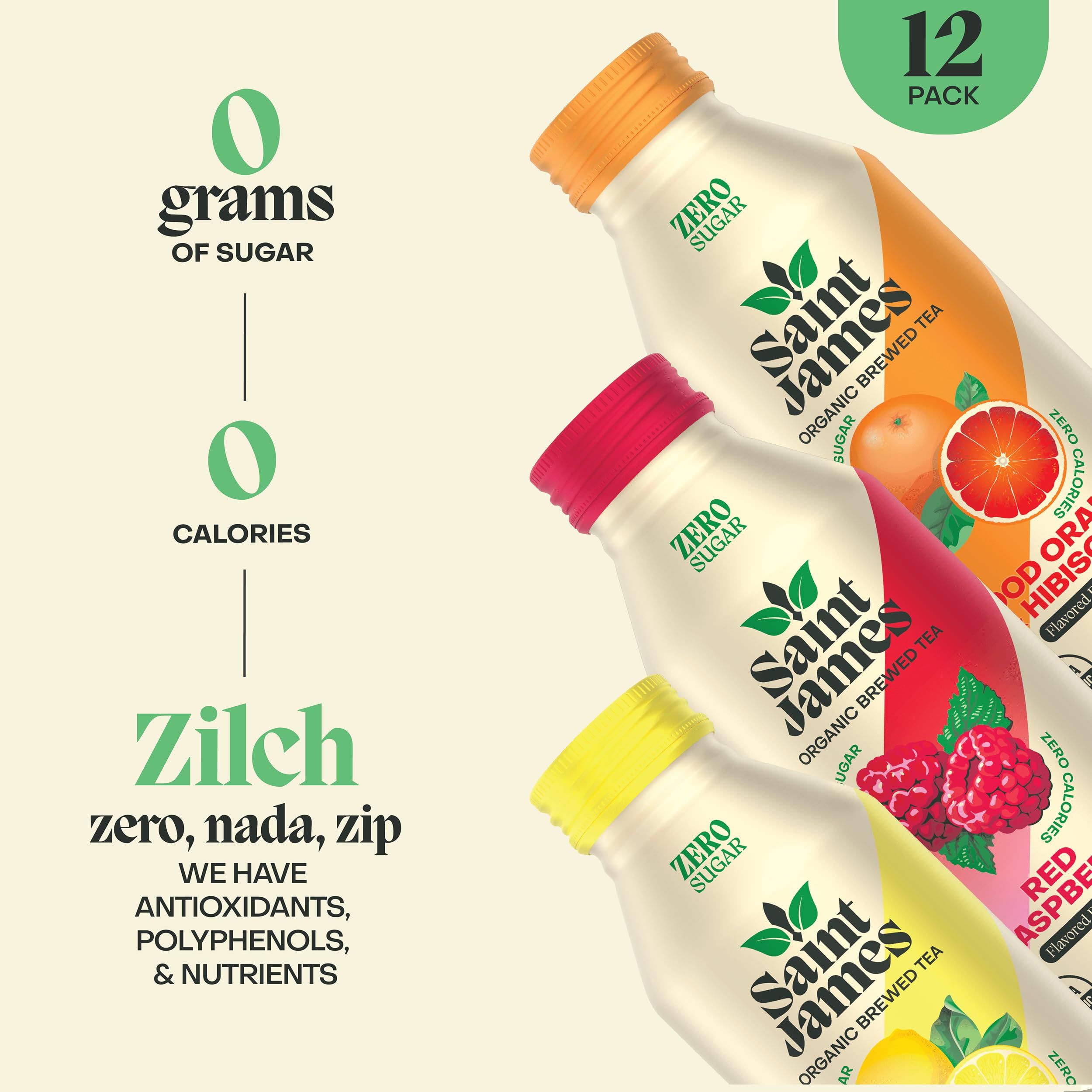 Saint James Iced Tea - Organic Black Tea - Non GMO, Gluten Free, Zero Calorie & Zero Sugar - Variety Black Tea Flavors, 12 Pack (16 fl oz each)