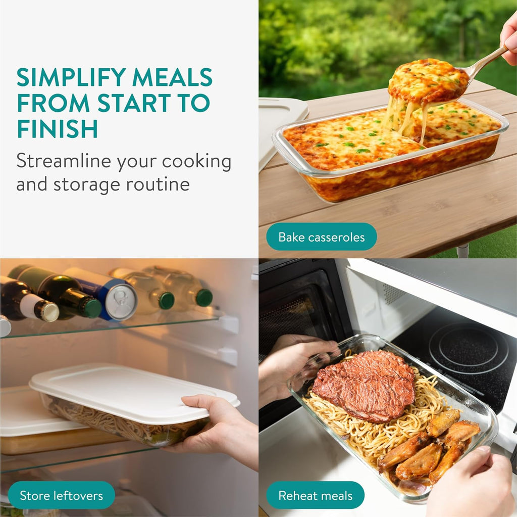 Navaris 4-Piece Glass Baking Dish Set - Rectangular Casserole Dishes with Lids | 1.7qt & 2.3qt Sizes