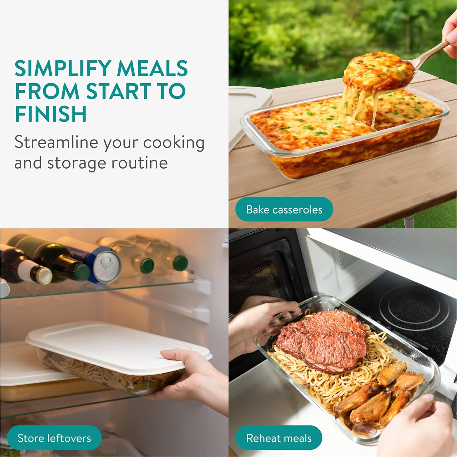Navaris 4-Piece Glass Baking Dish Set - Rectangular Casserole Dishes with Lids | 1.7qt & 2.3qt Sizes