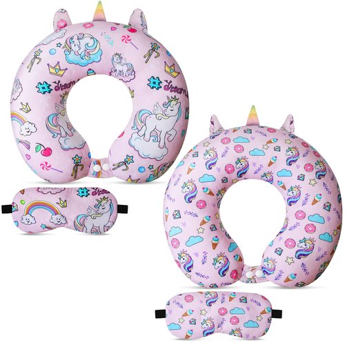 Thyle 2 Set Unicorn Neck Travel Pillow for Kids and Eye Mask Lightweight Travelling Sleeping Pillow Set for Airplane, Car, Train, Bus and Home Use Support Blindfolds