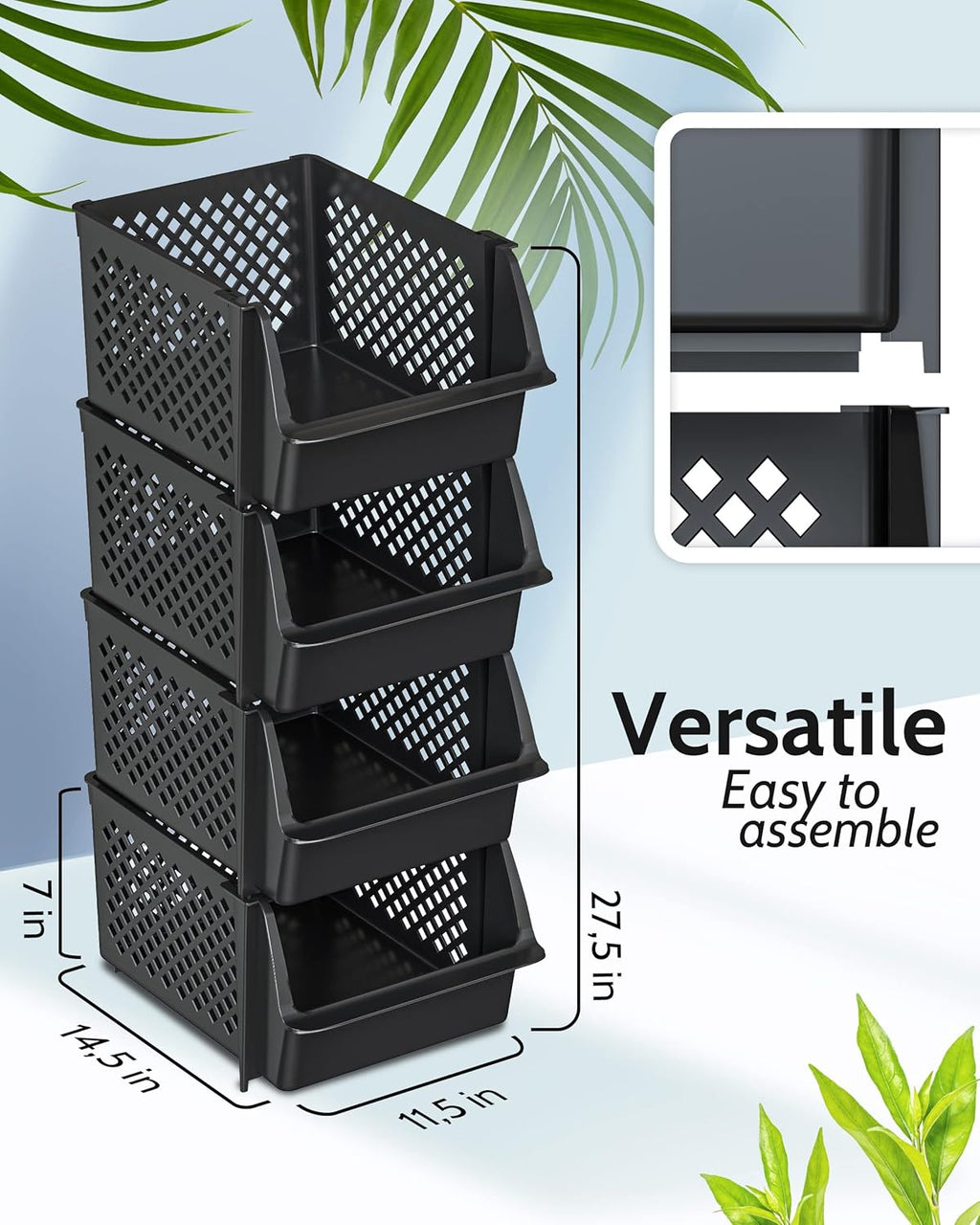 TidyFriend Stackable Storage Bins - Open Front Pantry Organizers for Kitchen & Home | 4-Pack Black