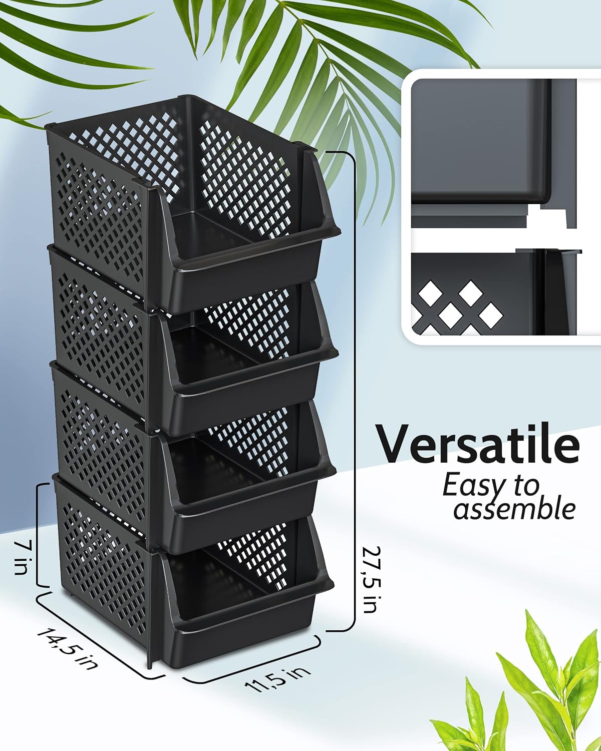 TidyFriend Stackable Storage Bins - Open Front Pantry Organizers for Kitchen & Home | 4-Pack Black